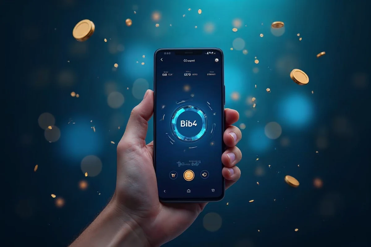 A hand holding an Android phone showing the BDWIN24 app home screen with gold buttons on a dark navy blue background
